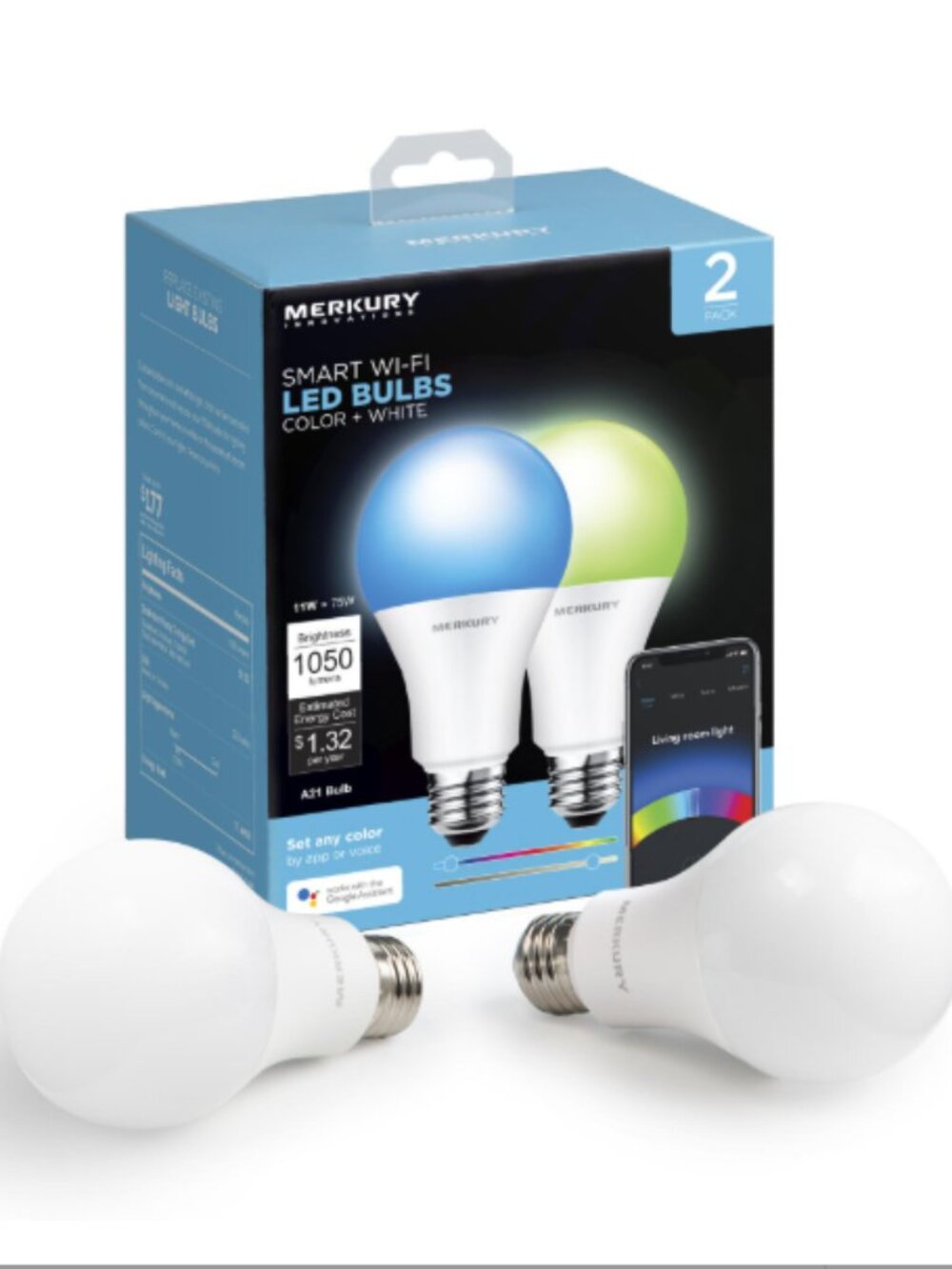 Smart Multicolor LED Bulb, 75W, Dimmable, 2-Pack